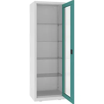 Kovová skříň s prosklenými dveřmi, kovové police, jednokřídlé dveře, š x h x v: 600x435x1800 mm, barva dveří zelená RAL6033