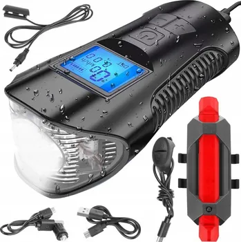 Cyklosvítilna Voděodolné LED světlo na kolo (přední+zadní) s USB, tachometrem, el.zvonkem 150db