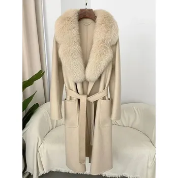 Luxusní kabát z vlny s pravým kožíškem liška Barva: Béžová, Velikost: S