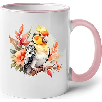 Keramický hrnek Papoušek kakadu, Barva Růžová, Velikost 330 ml, Canvas Keramický hrnek s barevným uchem Bezvatriko.cz 2695