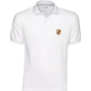 PORSCHE Crest Polo Shirt Essential Polokošile tričko s límečkem, knoflíky a znakem automobilky bílá (Polo tričko Porsche, které ukáže, kde je vaše srdce. S bočními rozparky a mírně rozšířeným zadním panelem.)
