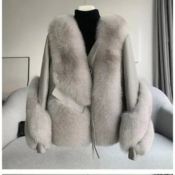 Dámský křivák Kožená dámská bunda ovčí kůže s pravou kožešinou Barva: Šedá, Velikost: L