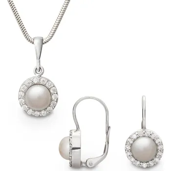 Souprava šperků Souprava náušnic a přívěšku z bílého zlata s bílými perlami a zirkony 438.90