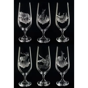 Sklenice skleničky na pivo 6 ks Lara 380ml s rytinou myslivosti - ručně ryté (broušené), dárek pro myslivce