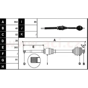 poloosa AVORD délka 964 mm, 40 drážek u kola, 28 drážek u převodovky, P, repasovaný originál (+vratná část 595 Kč/25,87 €)