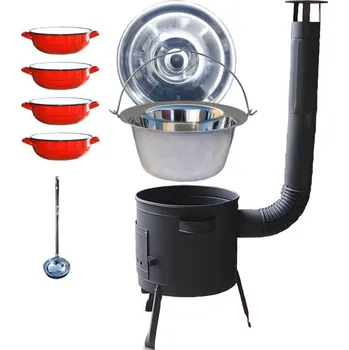 Kempingové nádobí Nerezový kotlík 22 L (0,8 mm) INOX + selské misky 4 ks + nízká žáruvzdorná kotlina 42 cm PLUS 600 + nerezová poklice + naběračka