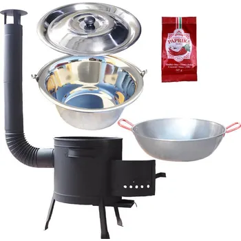 Kempingové nádobí Nerezový kotlík 22 L (0,8 mm) INOX + pánev PAELLA (WOK) 45 cm + nízká kotlina 42 PLUS 600 + nerezová poklice + sladká paprika GURMÁN 50 g