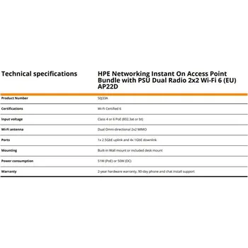 HPE Aruba Instant On Access Point AP22D Bundle with PSU Dual Radio 2x2 Wi-Fi 6 (EU) AP22D (desktop or wallmount)