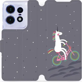 Pouzdro na mobilní telefon Flipové pouzdro Mobiwear - Motorola Edge 50 Pro - V024P Jednorožec na kole (Knížkové flip pouzdro, obal, kryt na mobil Motorola Edge 50 Pro - V024P Jednorožec na kole, materiál Umělá kůže + TPU - ochrana 360°, stojánek, silikonová vanička, magnetické)