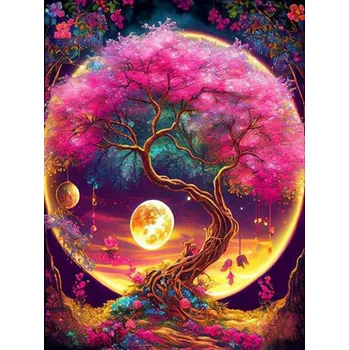 Diamantové malování Diamond painting/HOMFUN - Magický růžový strom a měsíc + třpytivé kamínky