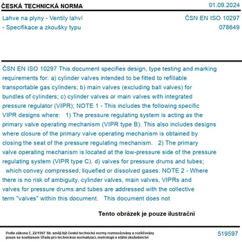 ČSN EN ISO 10297 - Lahve na plyny - Ventily lahví - Specifikace a zkoušky typu - Tisk