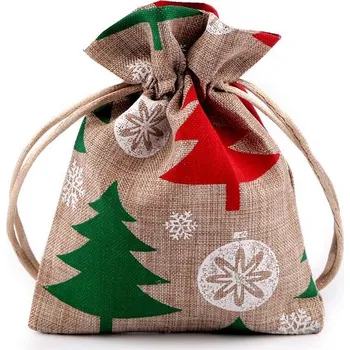 Bytová dekorace Vánoční dárkový pytlík 10x13 cm - 3 režná přírodní stromeček