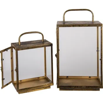 Svícen Set 2 kusů kovových antik luceren s patinou - 27*17*48 / 23*13*34 cm