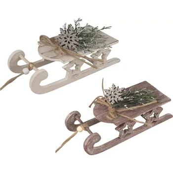 Vánoční dekorace Dřevěné sáňky s dekorací 18 x 7 x 5 cm 23016
