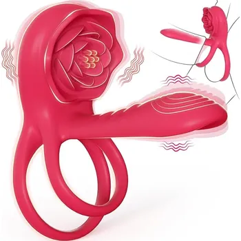 SuperLove Vibrating Cock Ring Sleeve with Rose Clitoral Stimulator Red