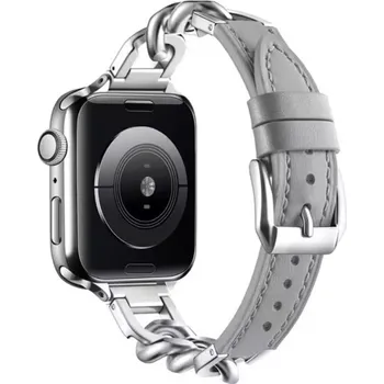 Příslušenství k chytrým hodinkám eses Kožený řemínek s řetízkem pro Apple Watch - Šedý, 42mm, 44mm, 45mm, 49mm