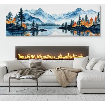 Obraz Obraz na plátně - Malé smrčky u jezera pod horskými hřbety FeelHappy.cz Velikost obrazu (šířka x výška): 60 x 20 cm