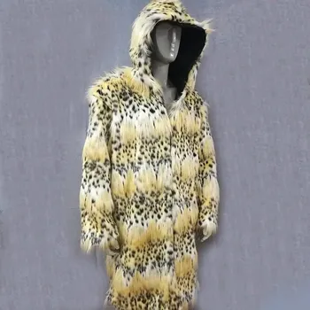 Dámský kabát Dlouhý vzorovaný kožich s kapucí Velikost: XL, Barva (Varianta): Yellow Leopard