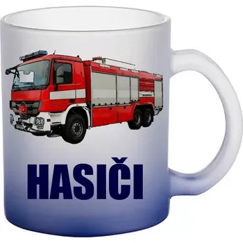 Mercedes-Benz ACTROS modrý skleněný hrneček HASIČI (hrneček s hasičským autem matné sklo )