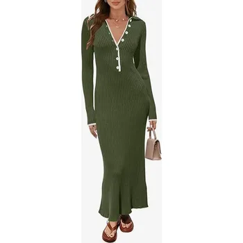 Dámské šaty Dámské svetrové šaty dlouhé s límečkem světle zelené S