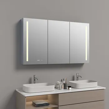 Zrcadlo BESTECO Zrcadlová Skříňka Galerka LUX 120 PROFESSIONAL LED 120x70x14 cm Hliník Třídveřová s Hodinami a Teploměrem MSC120X70