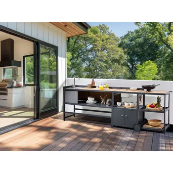 Zahradní sestava 3dílná zahradní kuchyně světle hnědá hliníková skříňka kuchyňský ostrůvek s dřezem a vozíkem letní kuchyně exteriér Beliani