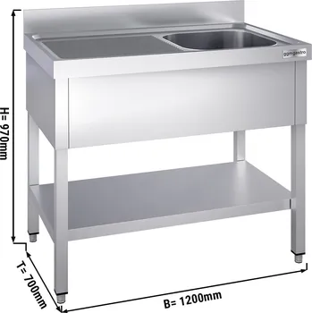 Kuchyňská skříňka G.Gastro Dřezová skříňka PREMIUM z nerezové oceli - se spodní policí - 1,2 m - 1 dřez vpravo - D 50 x Š 50 x H 30 cm