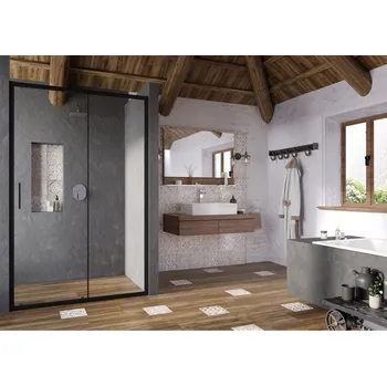 Sprchové dveře SET Ravak sprchové dveře posuvné Blix slim černá mat, do niky 120 cm + pevná stěna 90cm vanička obdélník Gigant Pro Flat 120 x 90 cm, bez nohou, bílá.