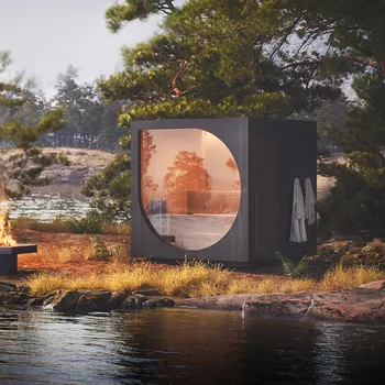 Sauna DROP-SAUNA Sauna DROP – exteriérová finská sauna s CLT panelů – včetně dopravy ve smontovaném stavu