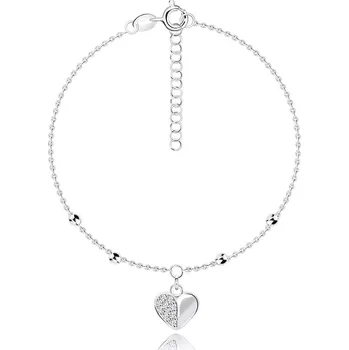 Náramek Stříbrný náramek 925 - nastavitelný, přívěsek srdce, kulaté zirkony, hladké korálky