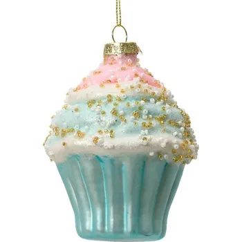 Vánoční ozdoba Vánoční skleněná ozdoba cupcake 1ks, 8,2x8,2x10,4 cm - Modrý