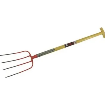 Vidle Vidle na hnůj Kramp s násadou 900 mm 4 zuby (KP-2016KR) (Vidle na hnůj Kramp s dřevěnou násadou 900 mm z jasanového dřeva, kované, bronzové barvy. Přikované upevnění násady dvojitou pružinou, násada s T-koncovkou.)