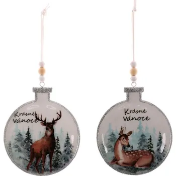 Vánoční dekorace Baňka plochá kovová lesní motivy - 10 cm - 1 ks