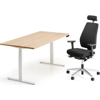 Jídelní set Sestava QBUS + WATFORD, výškově nastavitelný stůl, bílá/dub + kancelářská židle, černá