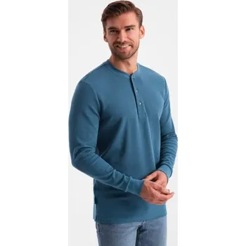 Pánský dlouhý rukáv z vaflového úpletu zapínaný u krku modrý denim