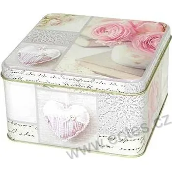 Dóza na potraviny ROSE STORIES plechová dóza 7423 světle růžové růže, látkové srdíčko a krajky
