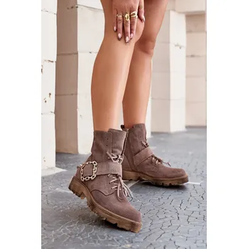 Dámské kozačky Zazoo 2951 Velurové Boty S Dekorativní Sponou Barva: Béžová, Velikost: 39