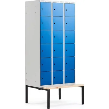 Šatní skříň Boxová šatní skříň CLASSIC, s lavicí, 3 sekce, 18 boxů, 2120x900x550 mm, modré dveře