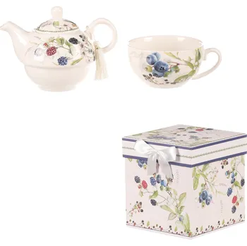 Vánoční ozdoba Porcelánová konvička se šálkem - dárkový set v krabičce, bílý s lesními plody