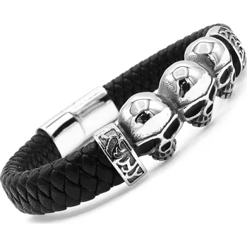 Náramek Steel Jewelry pánský černý kožený náramek s kombinací chirurgické oceli lebky 231025 dárkové balení zdarma