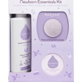 Sprchový gel Kokoso Baby Newborn Essentials Kit Kokoso Baby Kids bio kokosový olej 83 ml + Kokoso Baby Kids jemná mycí houbička pro děti 1 ks + Kokoso Baby Kids mycí gel na tělo a vlasy bez parfemace 200 ml
