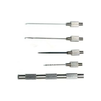 Sada jehel ROBINSON 4 + 1 (Sada vrtáčku a jehel pro všechny rybáře lovící na boilies. Vrtáček nebo jehlu zašroubováním otočit do těla rukojeti.)