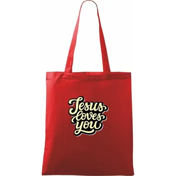 Nákupní taška Jesus loves you - psací písmo - Taška bavlněná - 42 x 38 cm ( Červená )