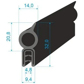 Těsnění do okna a dveří 00547017 U-PIRELI s kovovou výztuží s horním těsněním, 60°Sh, U-EPDM, bříško-EPDM