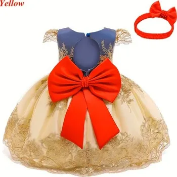 Kojenecké šaty Společenské šatičky s krátkými rukávky a mašlí pro nejmenší, 3 - 24 M Barva: žluto-modro-červená, Velikost: 18M