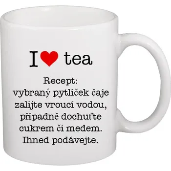 Hrnek malý bílý s potiskem Miluji čaj