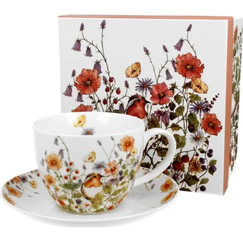 DUO Gifts DG - Porcelánový šálek s podšálkem, Ptáček v lučním kvítí dárkové krabičce - 470 ml