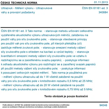 ČSN EN 61161 ed. 3 - Ultrazvuk - Měření výkonu - Ultrazvukové váhy a provozní požadavky - Tisk