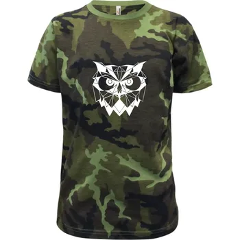 Geometrie - sova zlá - Dětské maskáčové triko - 104-110cm / 3-4 roky ( Zelený maskáč )