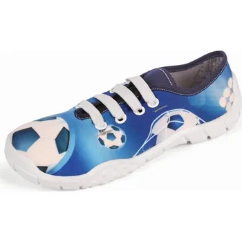 Chlapecké bačkory Raweks Trampek A4 bačkory s gumovými tkaničkami modré s míčem Velikost: 25